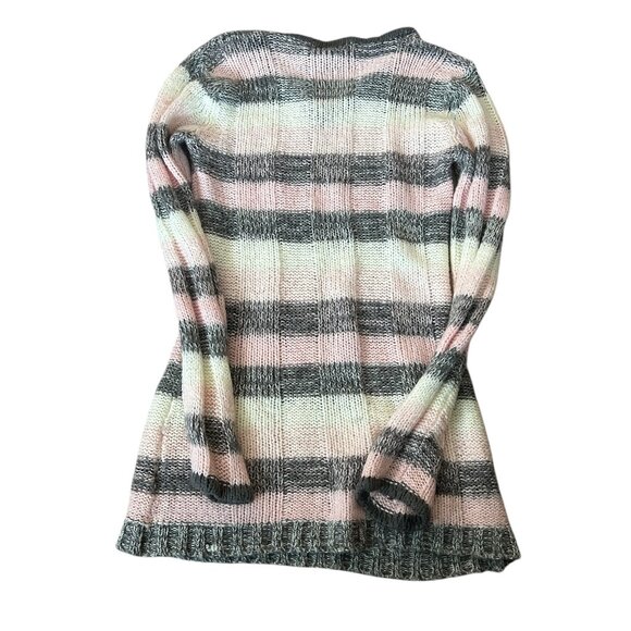 Vintage Striped Fuzzy Sweater Gray Pink White V Neck Pockets Y2K Soft Cozy L - Picture 2 of 5